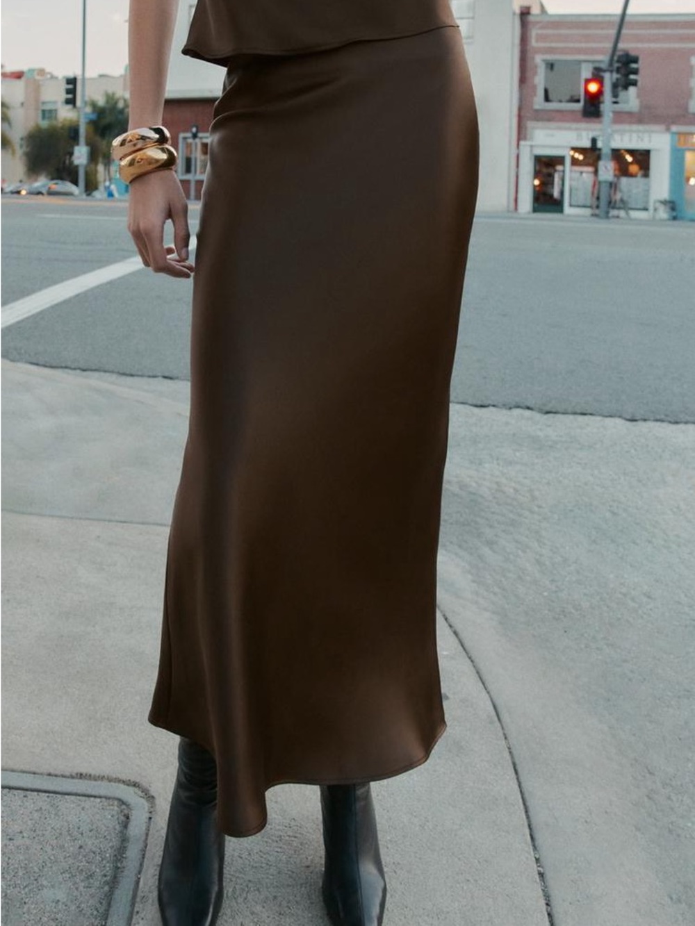 Zara Brown Satin Maxi Slip Skirt